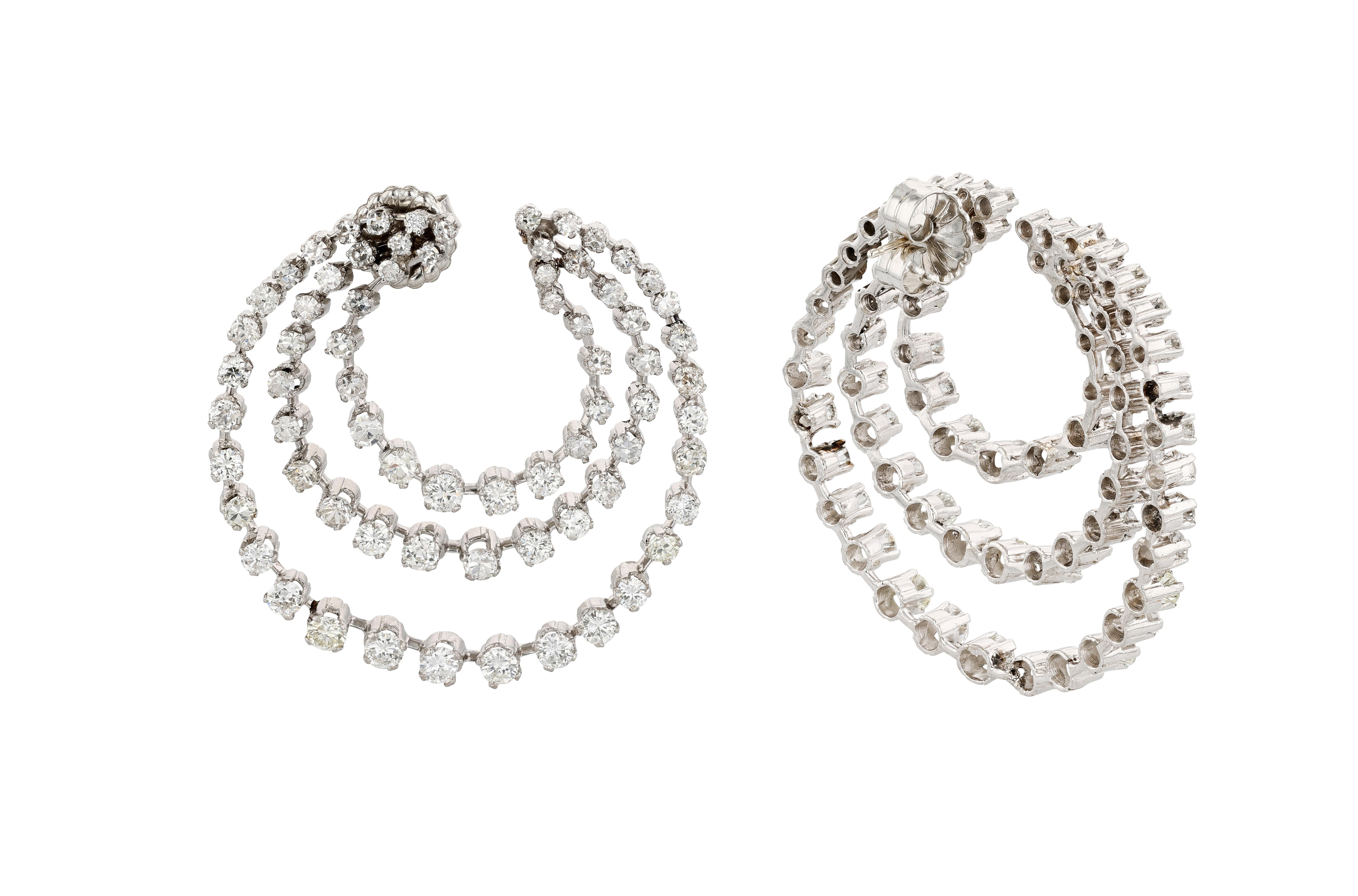 Old European Cut Platinum and Diamond Triple Circle Earrings of Celestial Inspiration For Sale