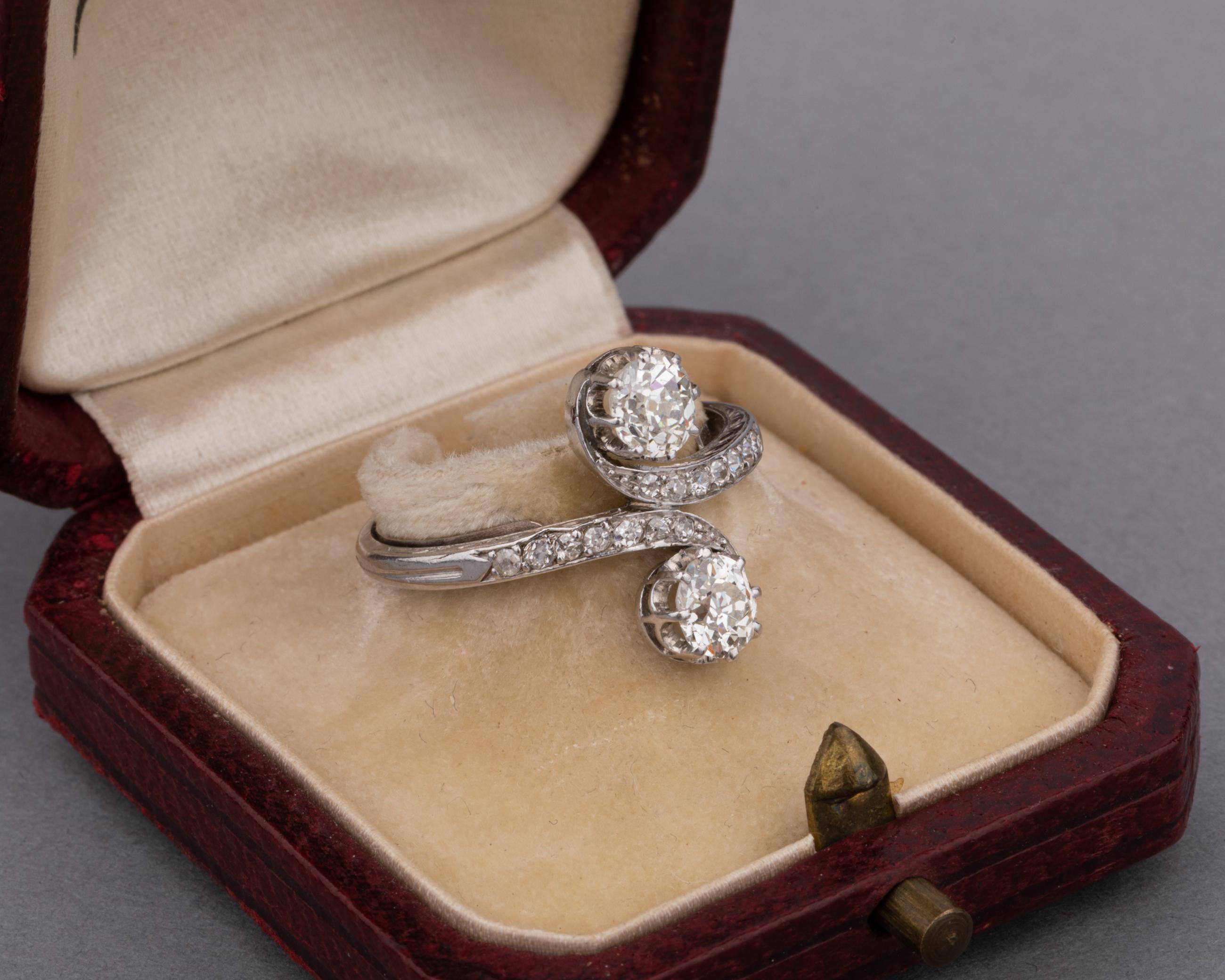 Platin und Diamanten Antiker Toi et Moi Ring im Zustand „Gut“ im Angebot in Saint-Ouen, FR