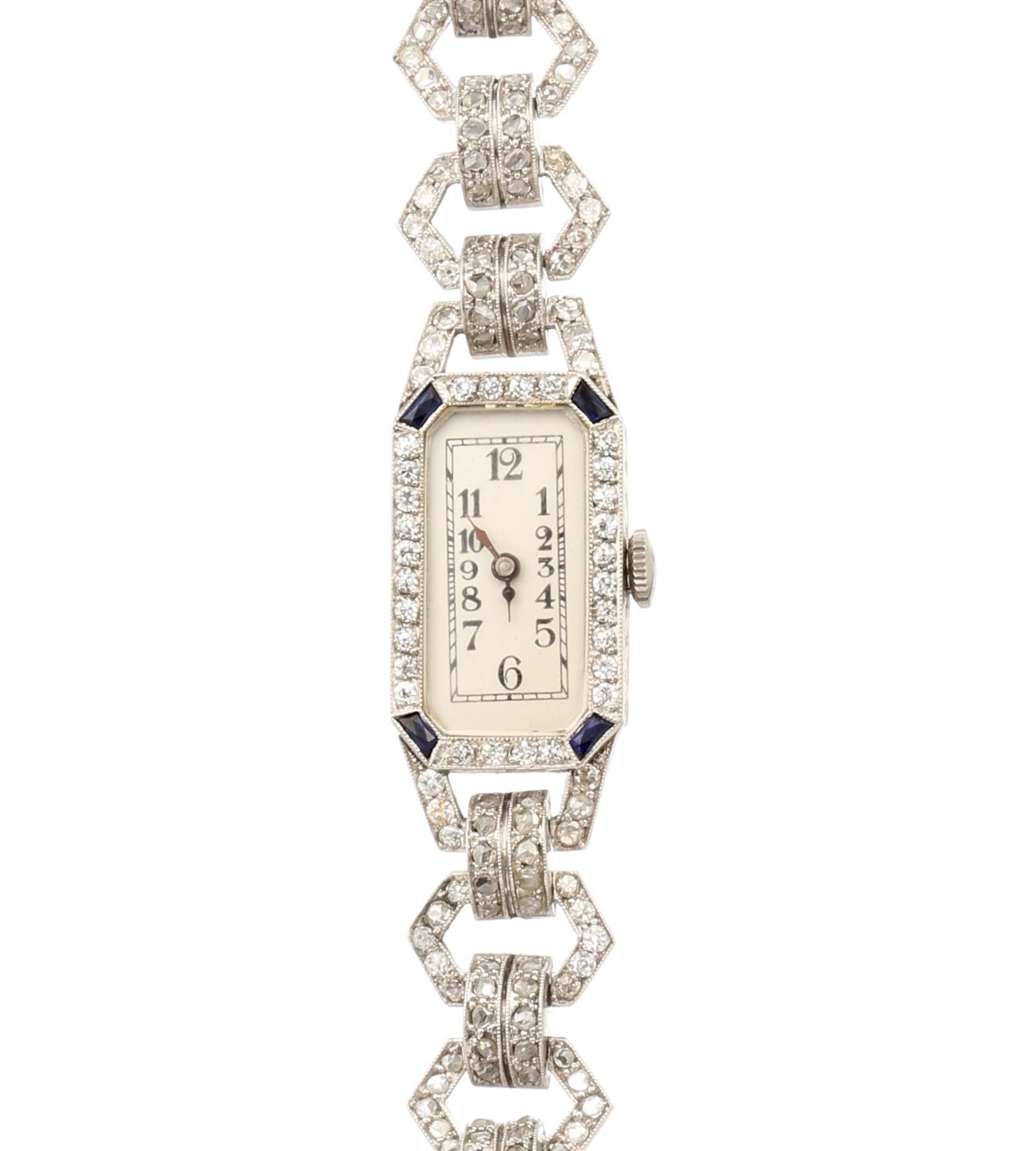 Beautiful Zenith art deco watch in platinum paved with 146 8/8 cut diamonds, suede strap, mechanical movement with manual winding.

Case dimensions: 14.30 x 24.38 x 6.23 mm (0.563 x 0.960 x 0.245 inch)

Total estimated weight of diamonds: 1.46