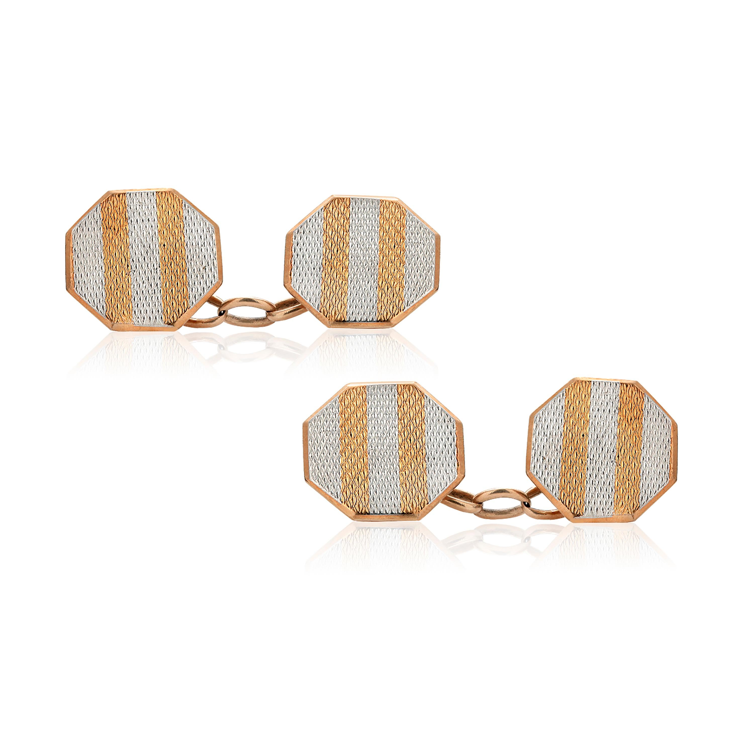 Post-War Platinum and Eighteen Karat Yellow Gold Cufflinks Engine Turned Decoration