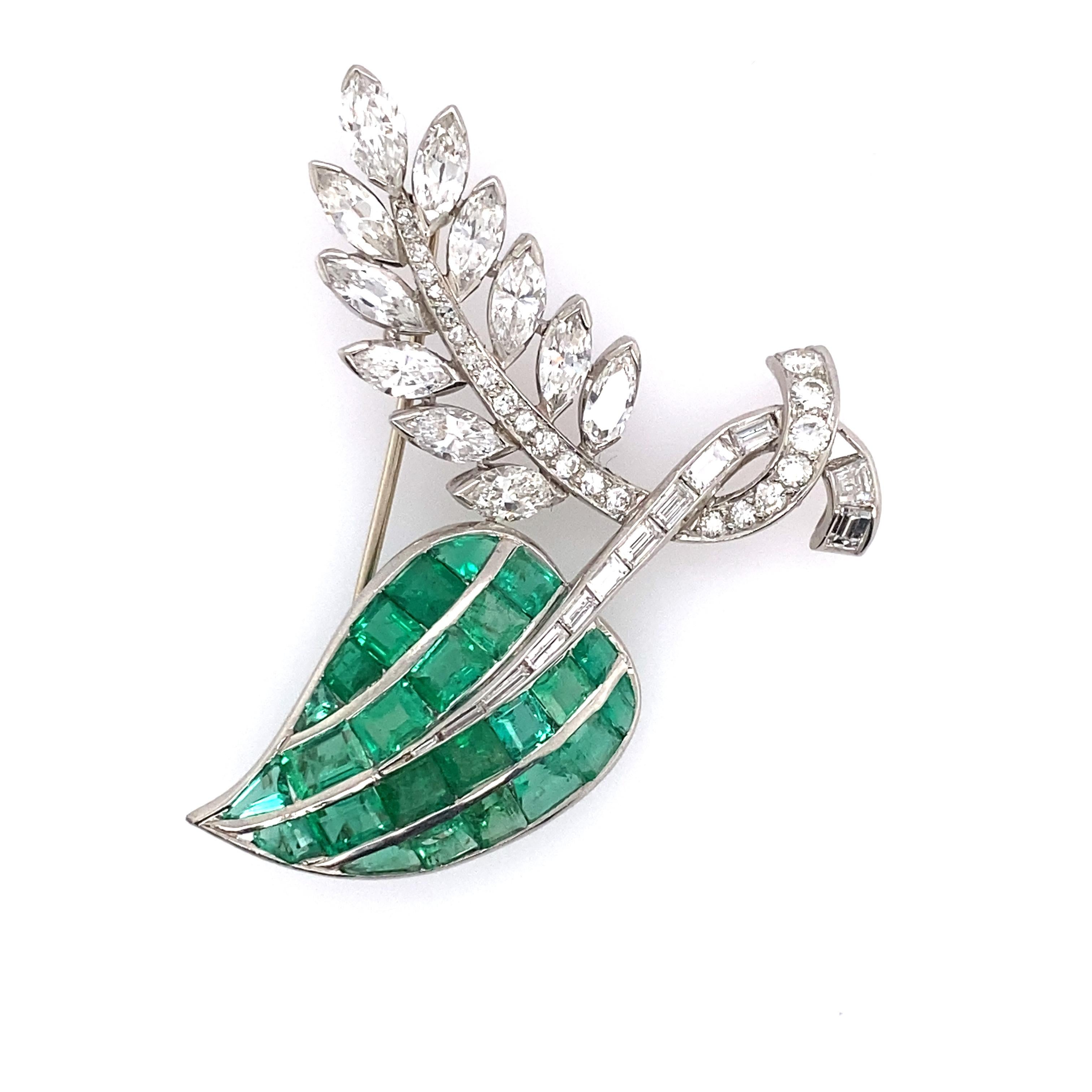 Platinum and Emerald Diamond Brooch For Sale 1