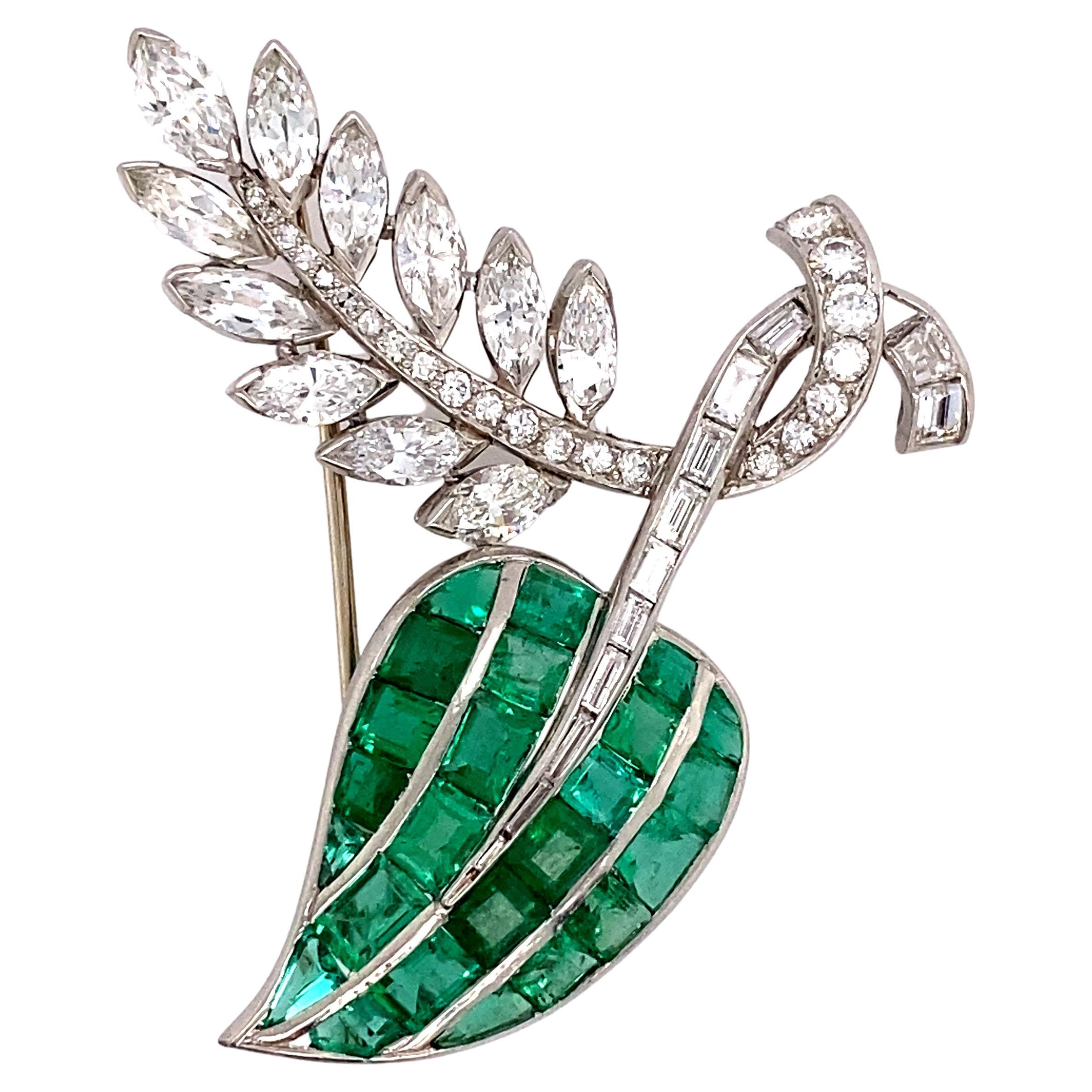 Platinum and Emerald Diamond Brooch For Sale