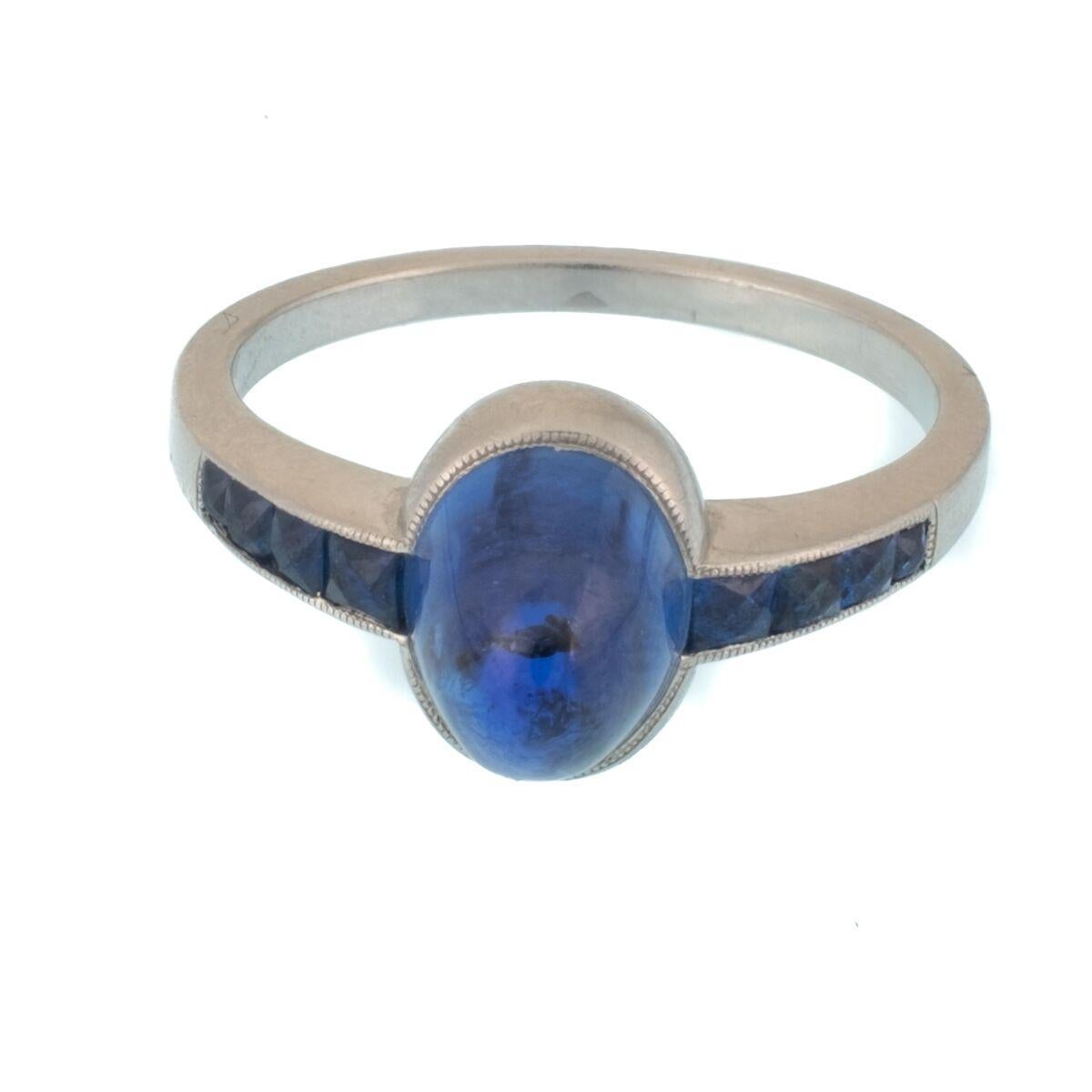 Art Deco Platinum and French Cut Sapphires Featuring a 1.3 Carat Cabochon Sapphire Ring c.1925