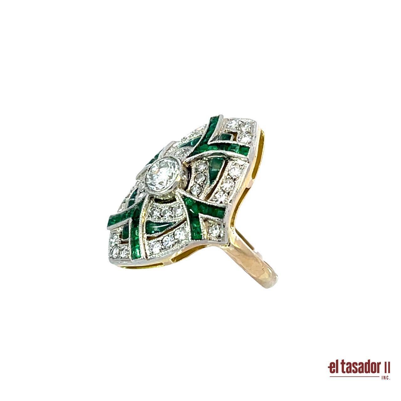 Brilliant Cut Platinum and Gold Art Deco-Style Ring with Emeralds and Brilliant-Cut Diamonds For Sale