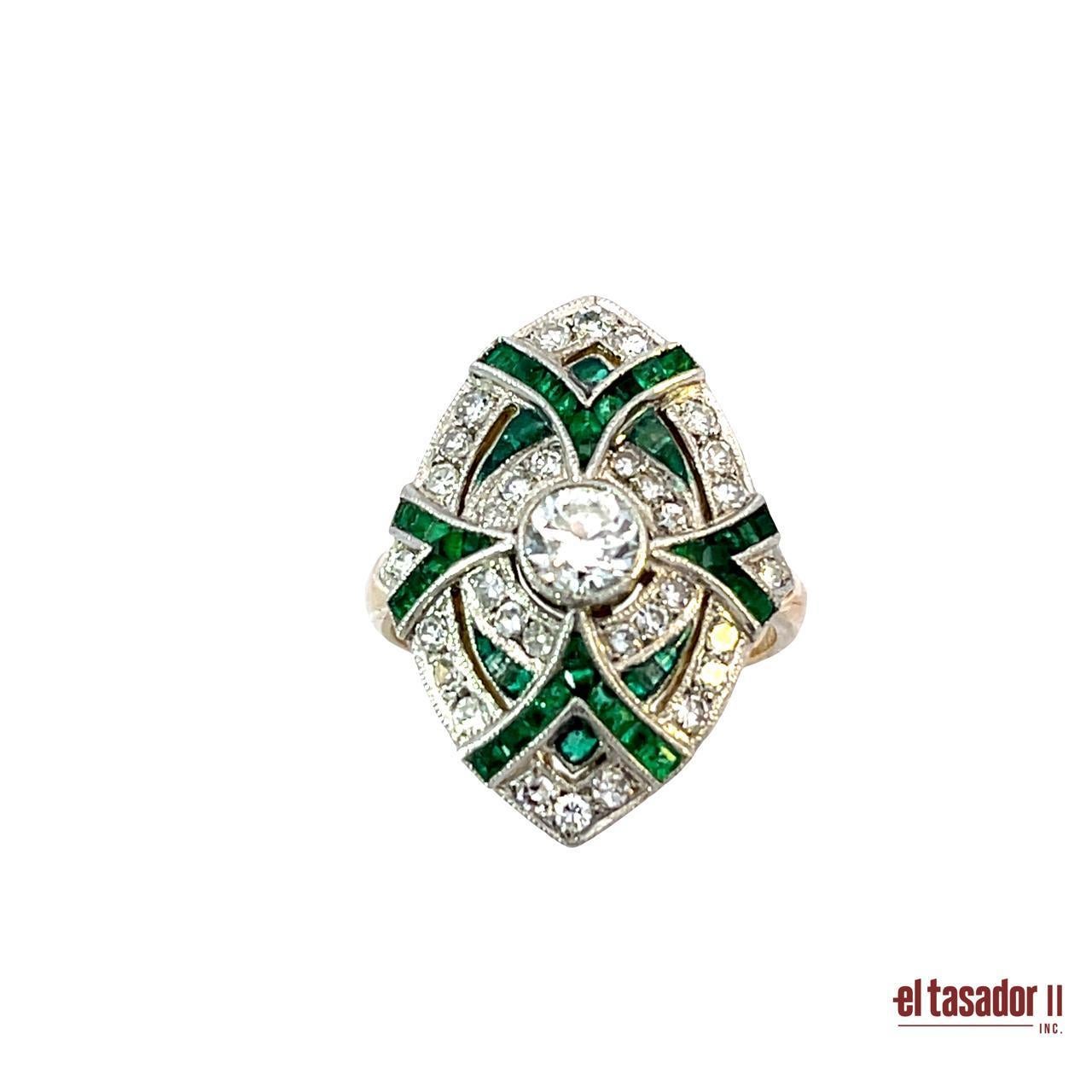 Platinum and Gold Art Deco-Style Ring with Emeralds and Brilliant-Cut Diamonds In New Condition For Sale In Aventura, FL