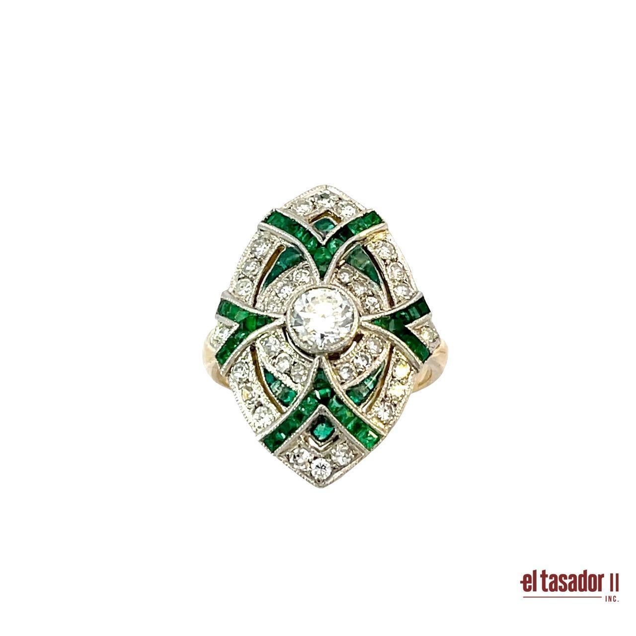 Women's Platinum and Gold Art Deco-Style Ring with Emeralds and Brilliant-Cut Diamonds For Sale