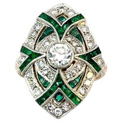 Platinum and Gold Art Deco-Style Ring with Emeralds and Brilliant-Cut Diamonds