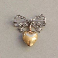 Platinum and Gold Bow and Heart Brooch Diamonds