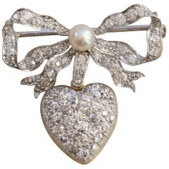 Platinum and Gold Bow and Heart Brooch Diamonds