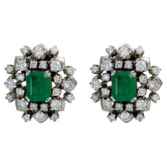 Retro Platinum and Gold Earrings with Diamonds and Emeralds