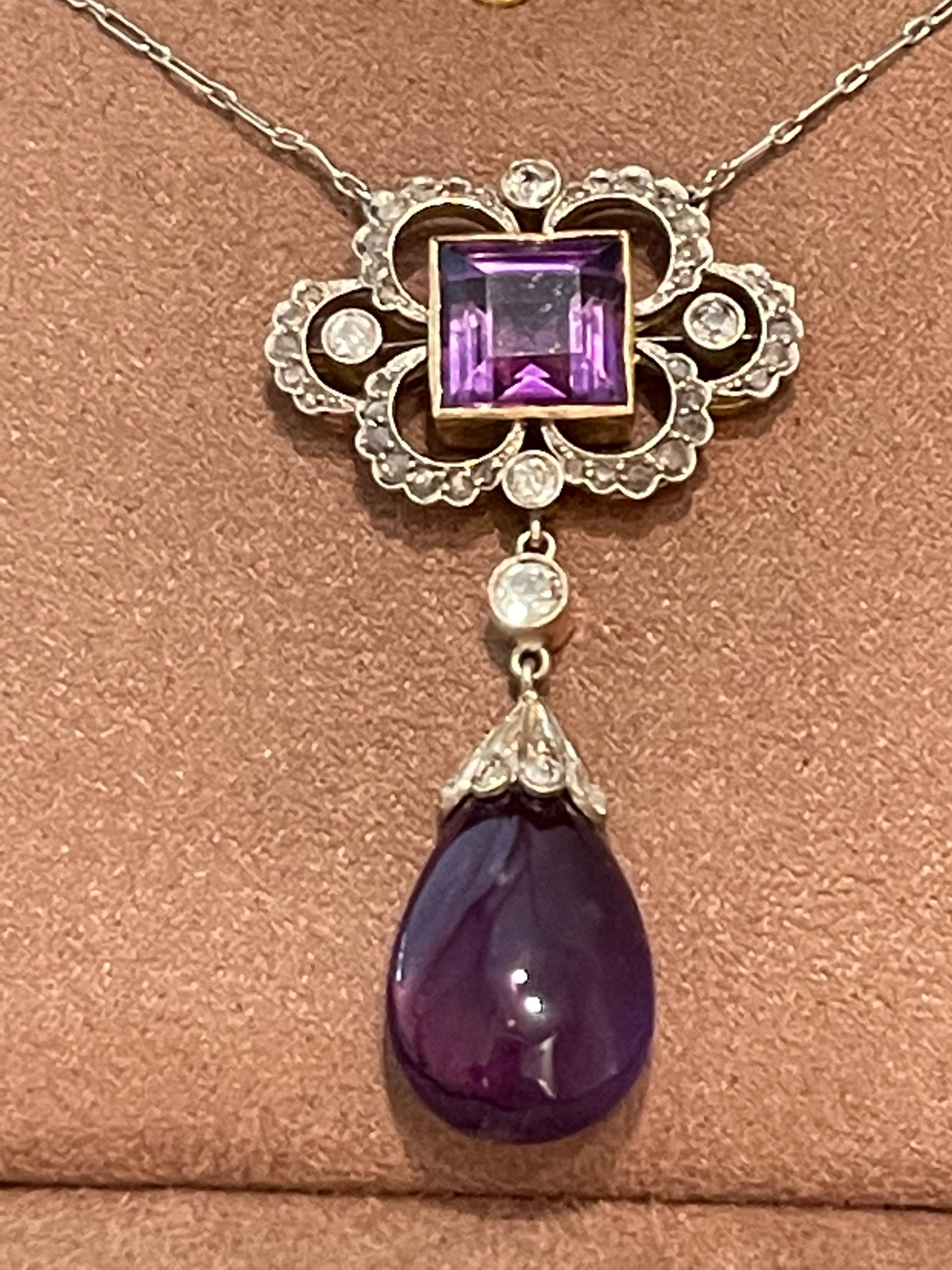 Briolette Cut Platinum and Gold Edwardian Amethyst Briolette and Diamond Necklace circa 1910 For Sale