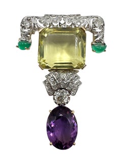 Filigrane Brosche aus Platin und Gold mit Citrin, Amethyst und Diamanten im alten Minenschliff