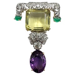 Platinum and Gold Filigree Brooch with Citrine, Amethyst, and Old Mine Diamonds