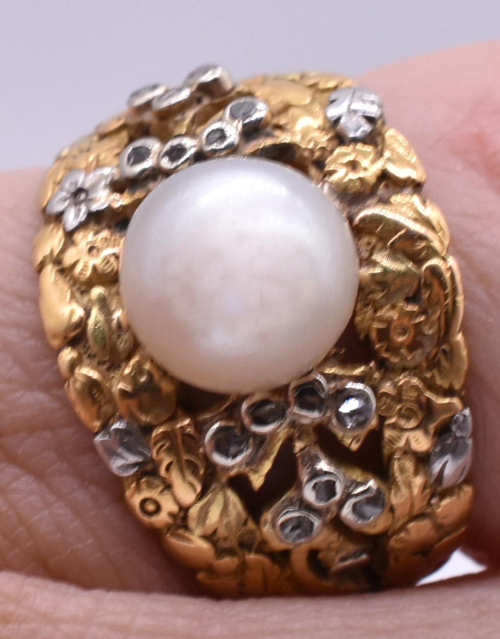 French Cut Platinum and Gold Pearl Ring with Diamonds