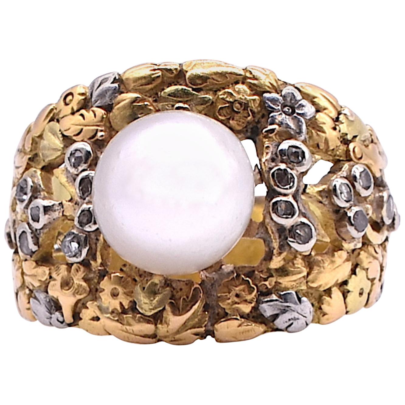Platinum and Gold Pearl Ring with Diamonds For Sale