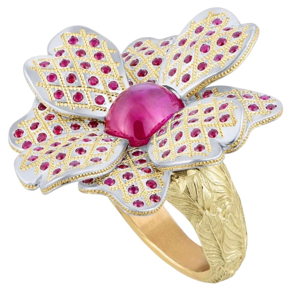 Anello "Flower Power" in platino e oro con rubini di Zoltan David in vendita