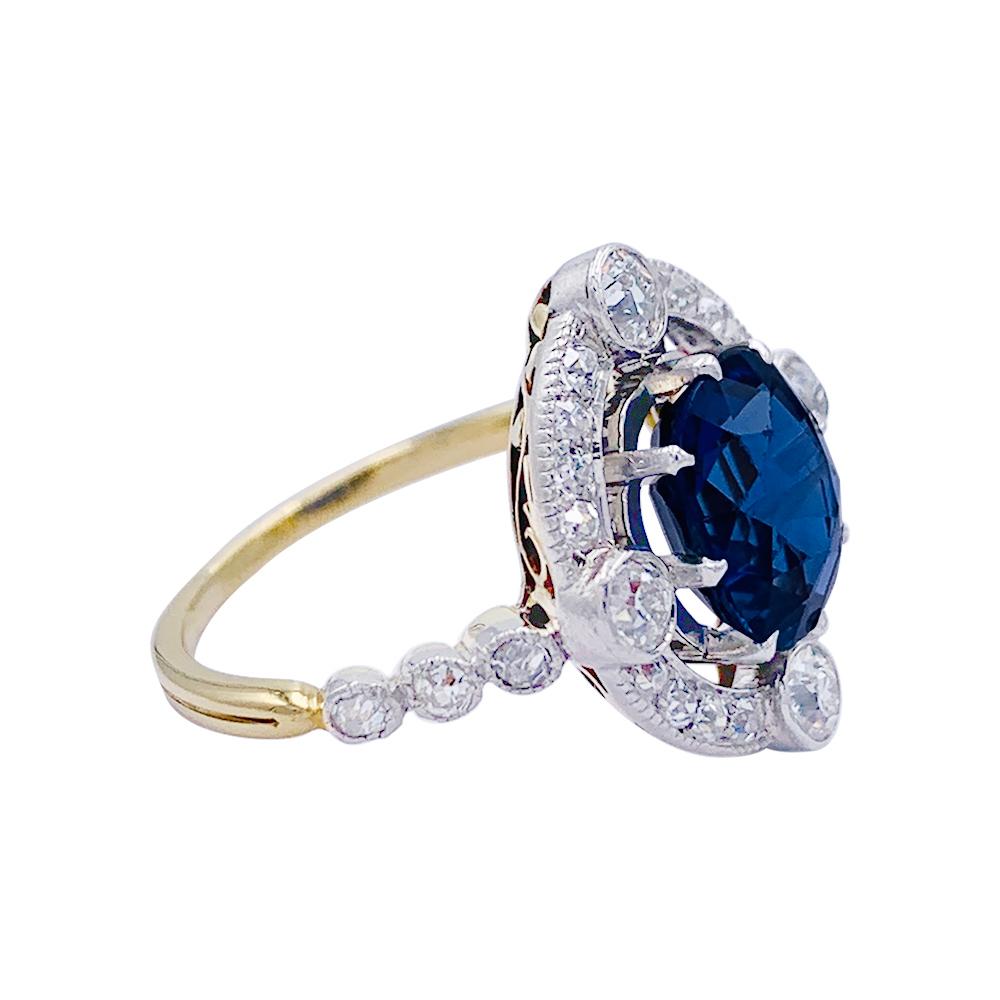 Cushion Cut Platinum and Gold, Sapphire and Diamonds 1910s Ring For Sale