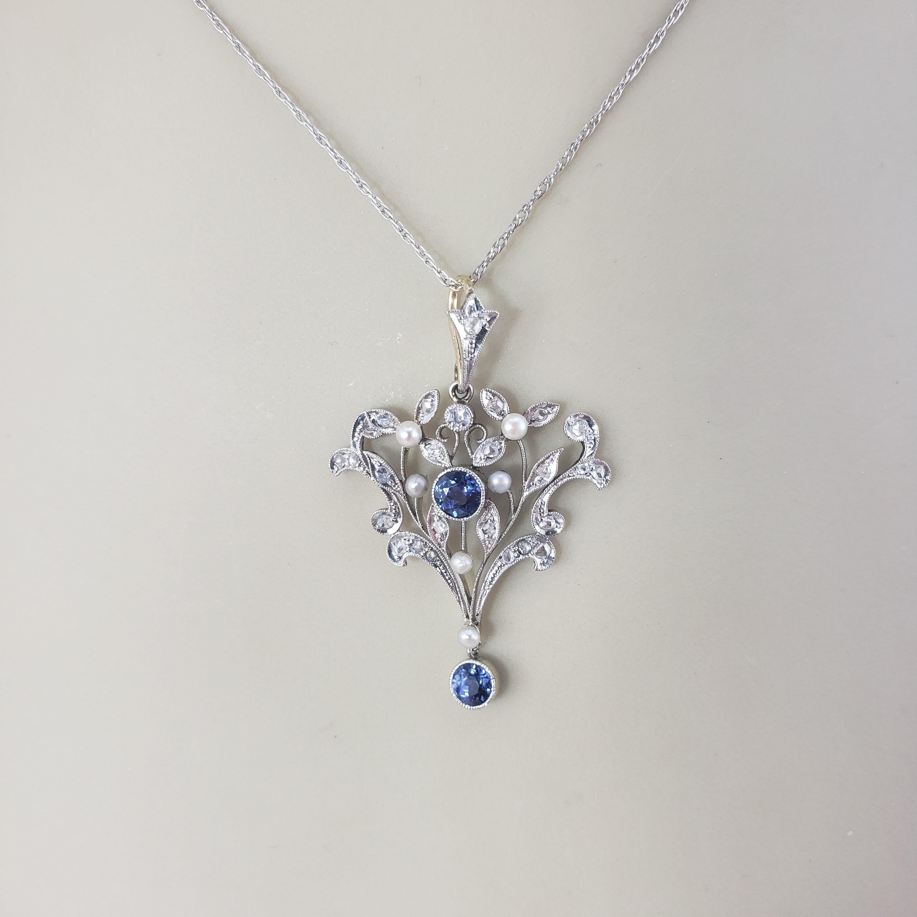 Platinum and Gold Sapphire, Pearl and Diamond Pendant Necklace #16822 For Sale 2