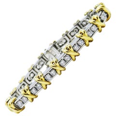 Platinum and Gold Two-Tone Diamond Tennis Bracelet with "X" Motif