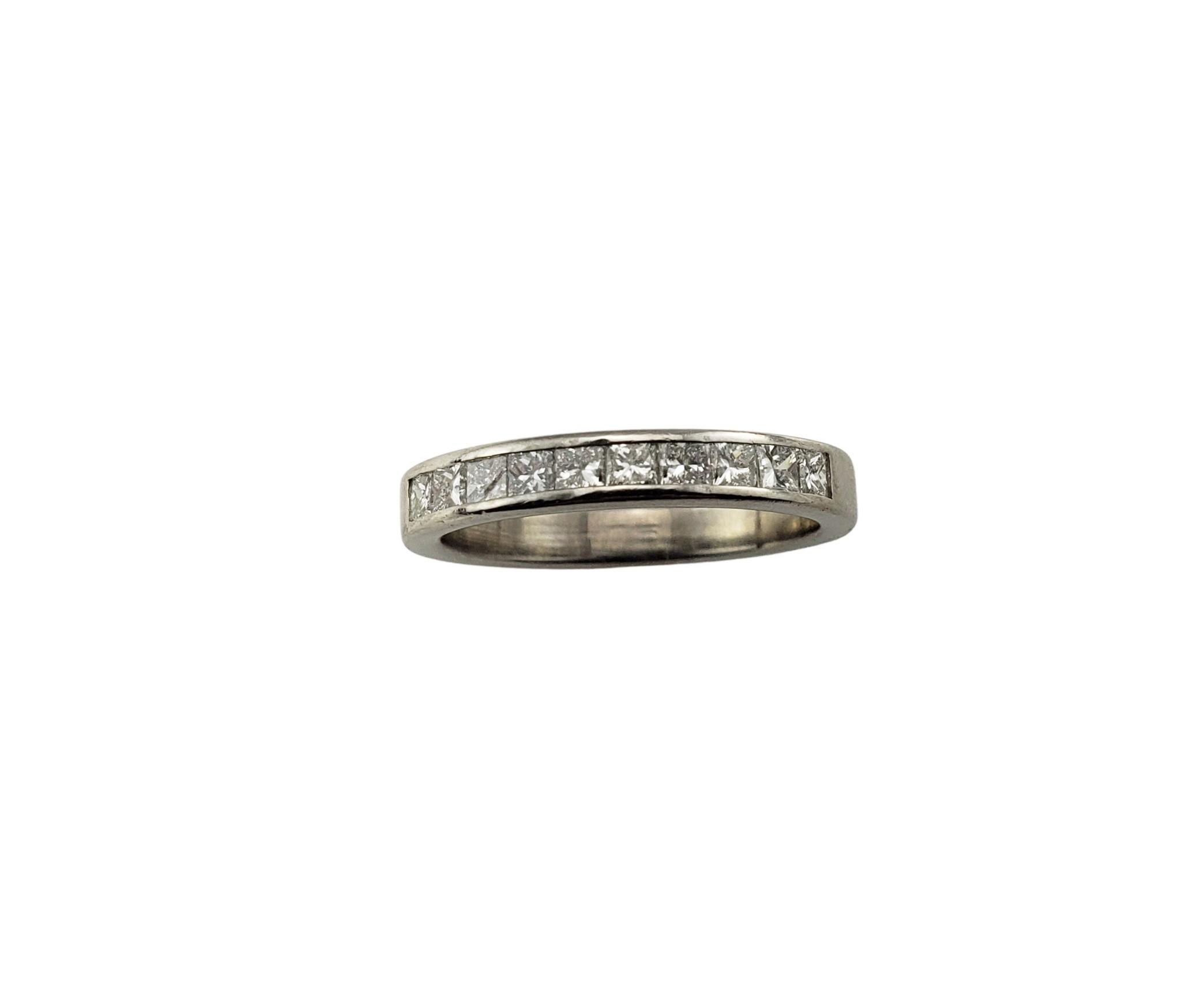 Platinum and Princess Cut Diamond Wedding Band Ring Size 5.25-

This sparkling band features ten princess cut diamonds set in classic platinum.  Width:  2.5 mm.  Shank:  2.5 mm.

Approximate total diamond weight: .50 ct.

Diamond color: I-J

Diamond