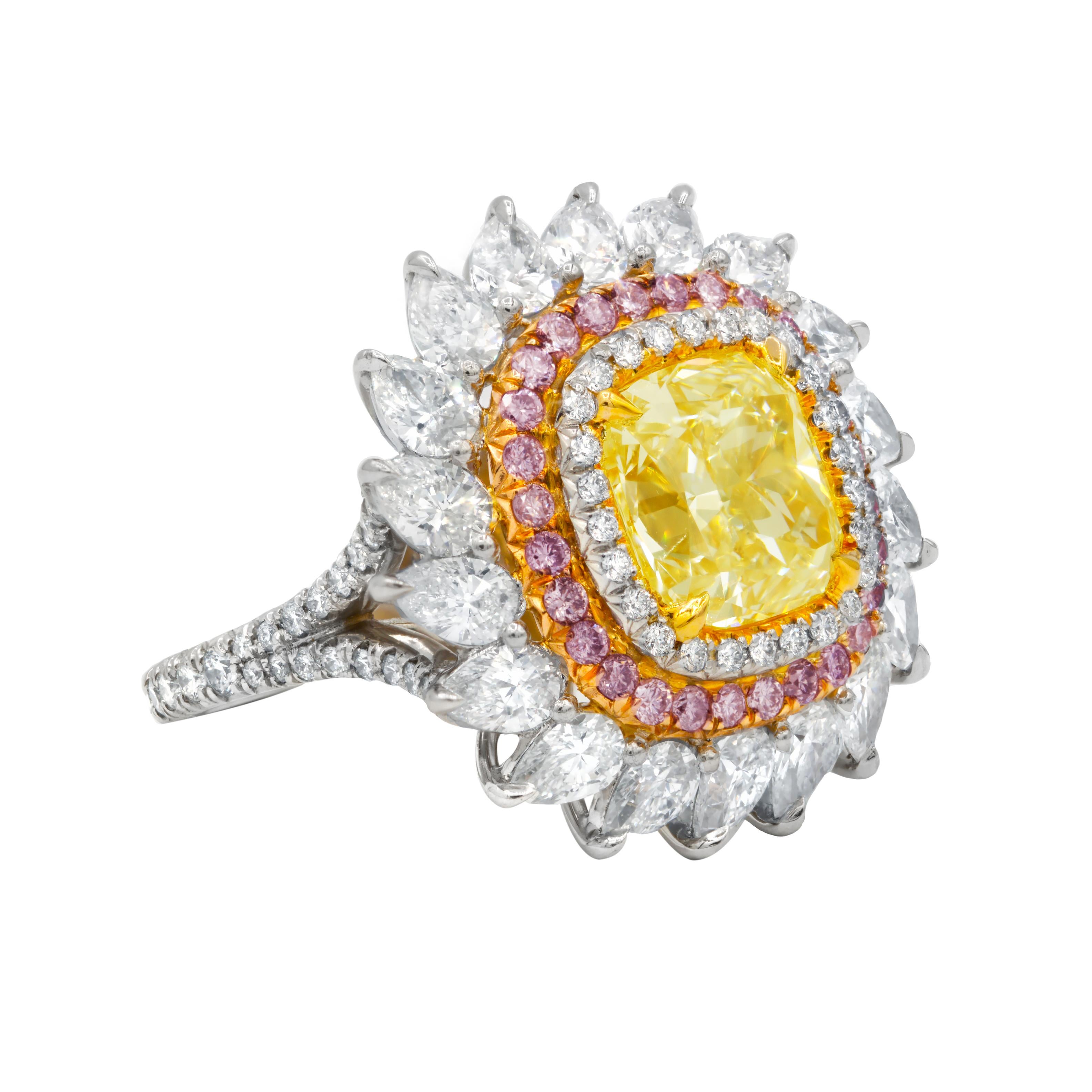 Platin- und Roségold-Ring mit birnenförmigen Diamanten (Antiker Kissenschliff) im Angebot