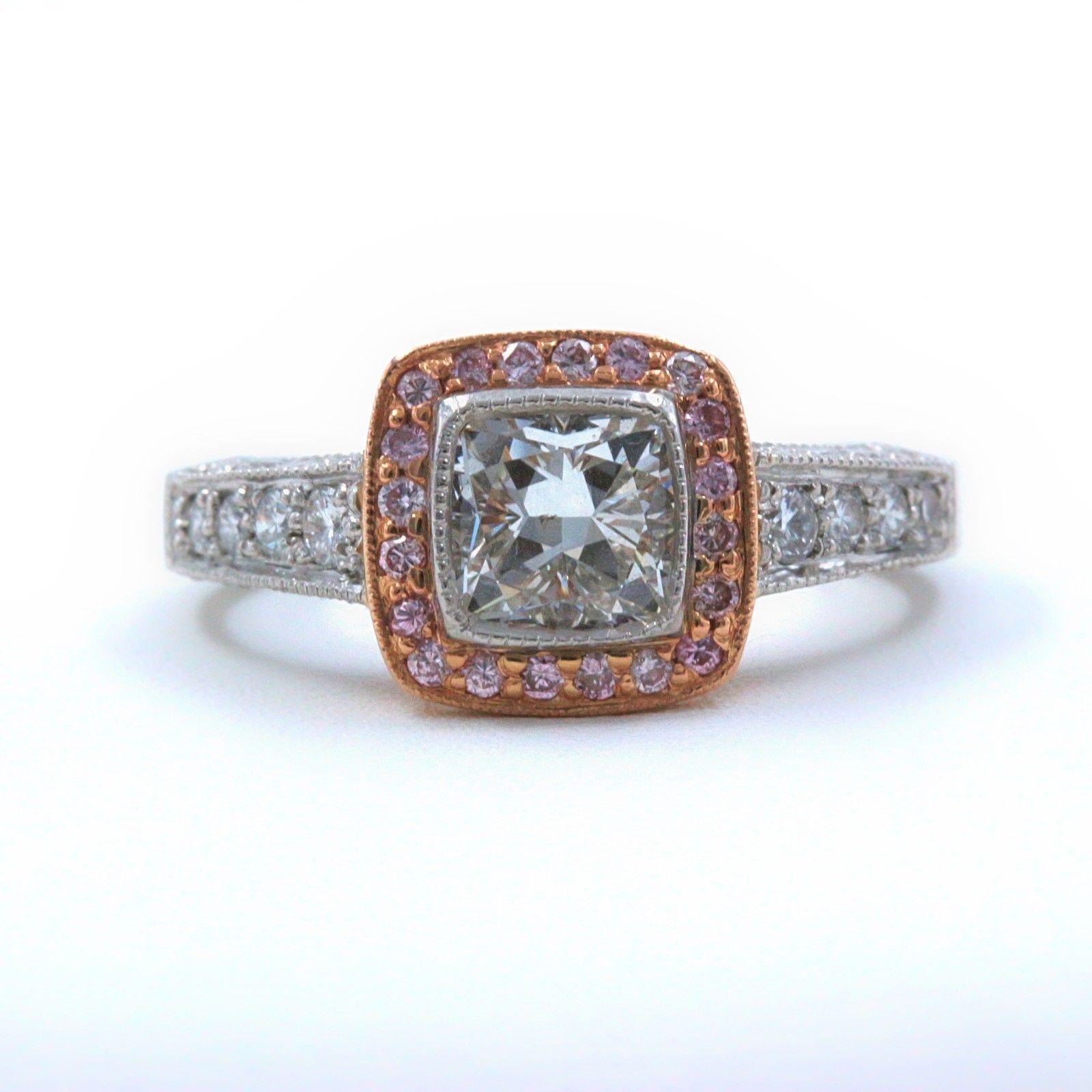 Platinum and Rose Gold Diamond Engagement Ring Cushion and Pink Diamonds For Sale 2