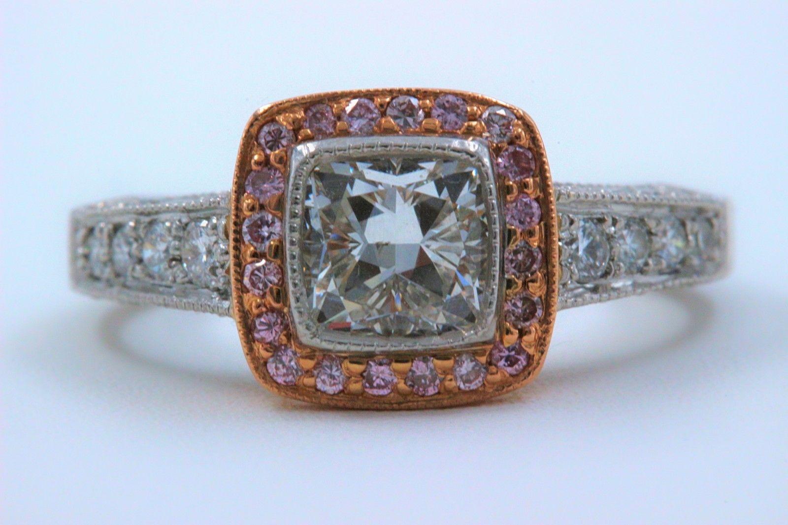 Platinum and Rose Gold Diamond Engagement Ring Cushion and Pink Diamonds For Sale 3