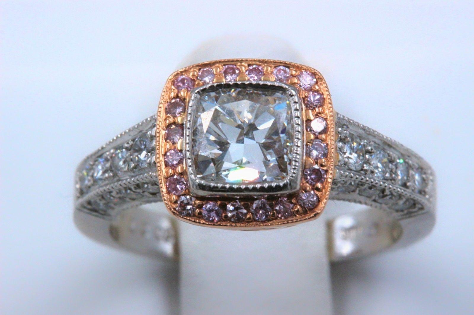 Cushion Cut Platinum and Rose Gold Diamond Engagement Ring Cushion and Pink Diamonds For Sale