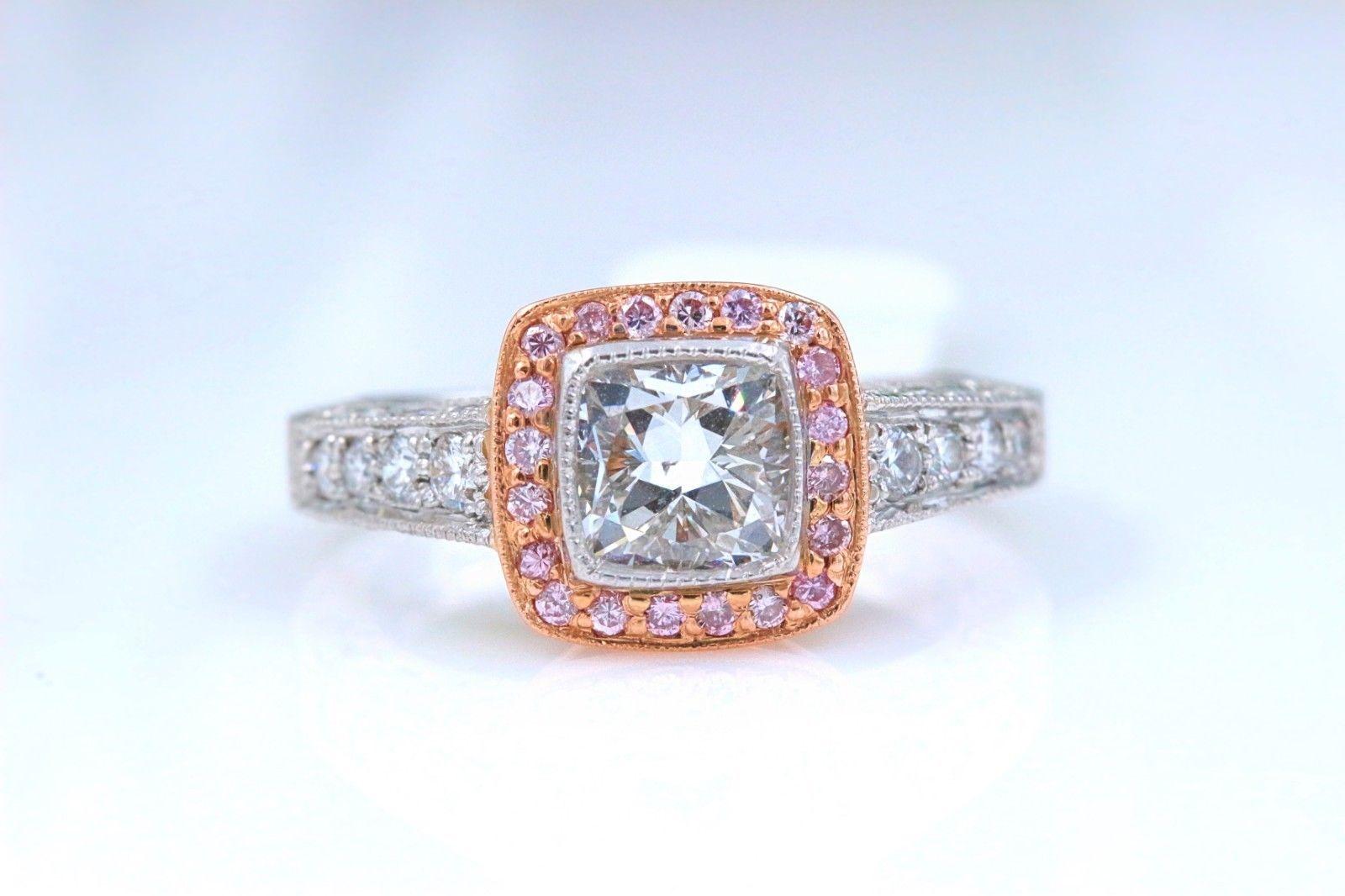 Platinum and Rose Gold Diamond Engagement Ring Cushion and Pink Diamonds In Excellent Condition For Sale In San Diego, CA