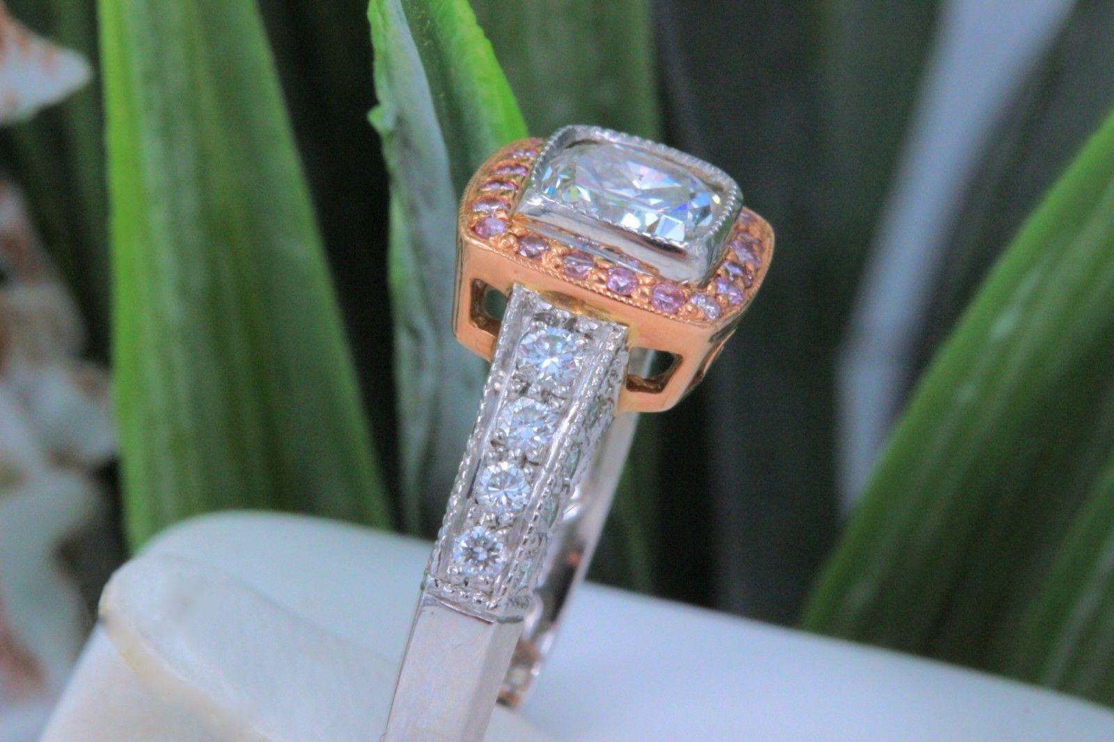 Women's or Men's Platinum and Rose Gold Diamond Engagement Ring Cushion and Pink Diamonds For Sale