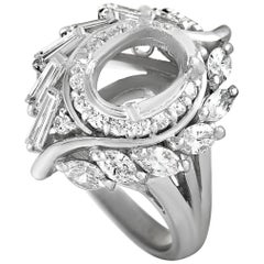 Platinum and Round, Baguette, and Marquise Diamonds Oval Mounting Ring