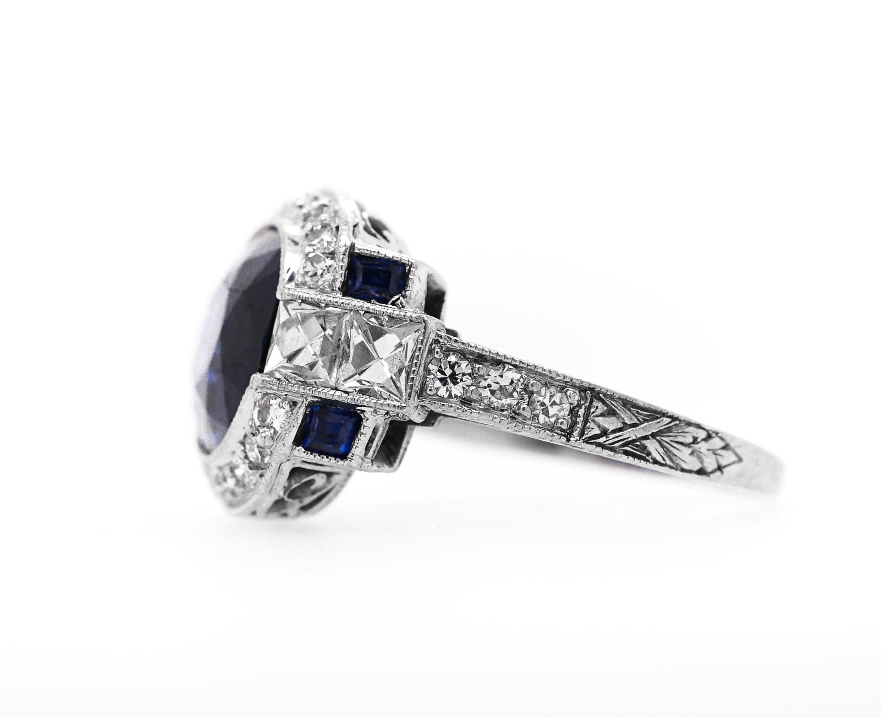 Cushion Cut Platinum and Sapphire and Diamond Ring For Sale