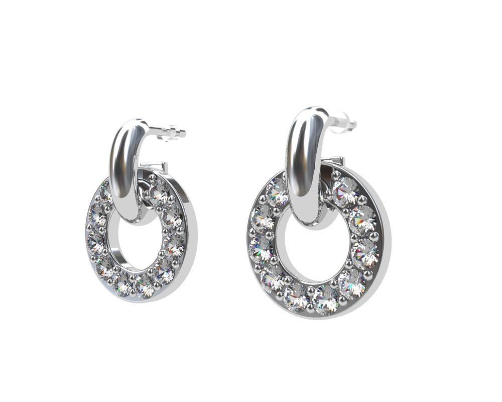Round Cut Platinum and Silver Diamond Hoop Dangle Earrings For Sale