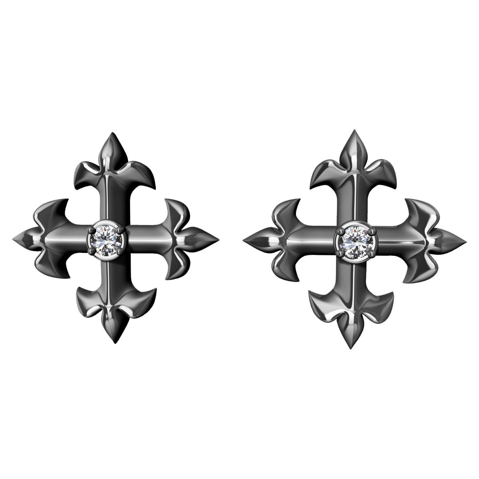 Diamond Oxidized Sterling Silver FleurdeLis Earrings For Sale (Free