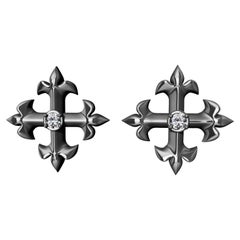 Platinum and Sterling Diamond Fleur-de-Lis Cross Stud Earrings