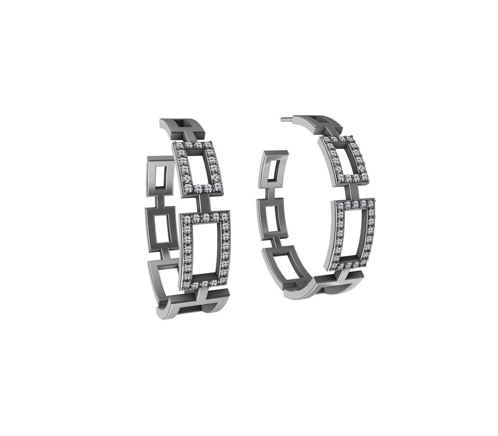 Round Cut Platinum and Sterling Diamond Tapered Rectangle Hoops For Sale