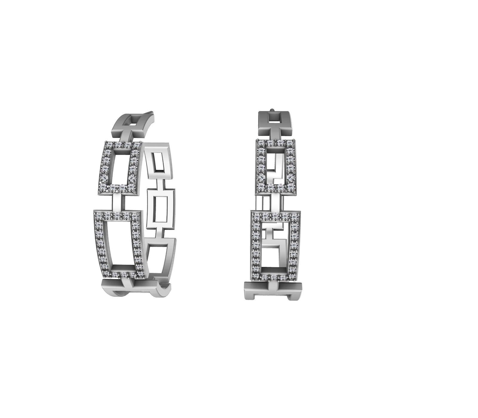 Platinum and Sterling Diamond Tapered Rectangle Hoops In New Condition For Sale In New York, NY