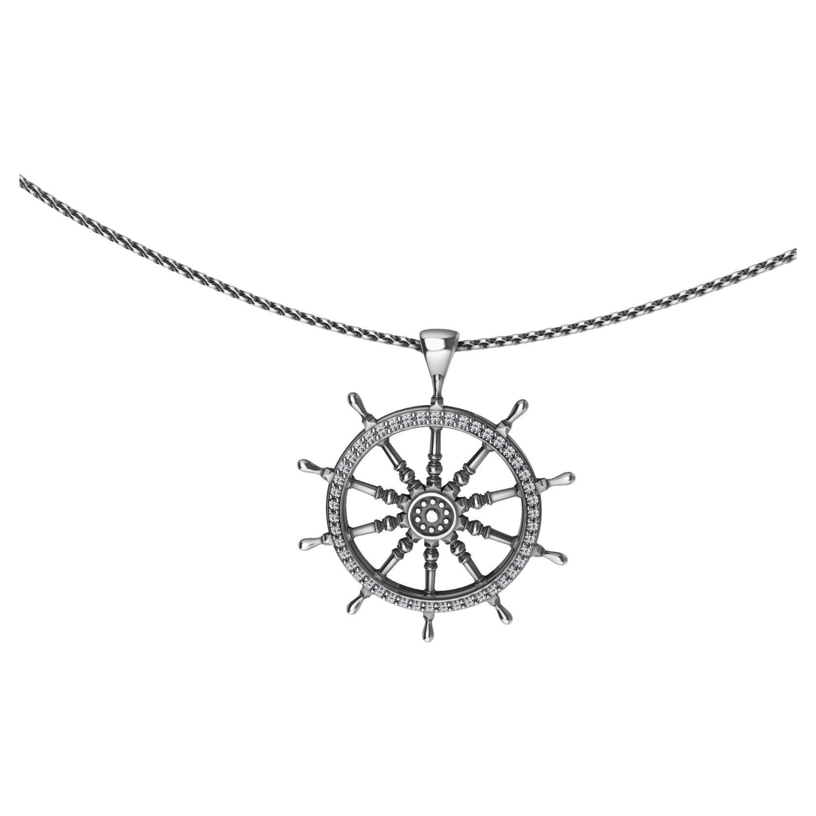  Sterling Diamond Captain Sailors Wheel Pendant, For you water and wind lovers. Tiffany Designer , Thomas Kurilla has not forgotten you mates. Inspired from antique wooden ship wheels. A lover of sailing as well.
46-G, SI 1  diamonds 18 inch cable