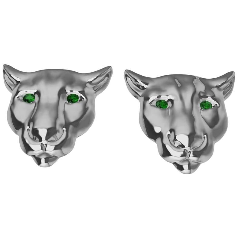 Platinum and Tsavorite Eyes Colorado Cougar Stud Earrings