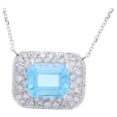 Platinum and White Gold 4.20 Carat Emerald Cut Blue Topaz and Diamond Necklace