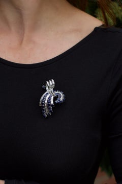 Platinum and White Gold Diamond and Sapphire Brooch, Circa 1940s