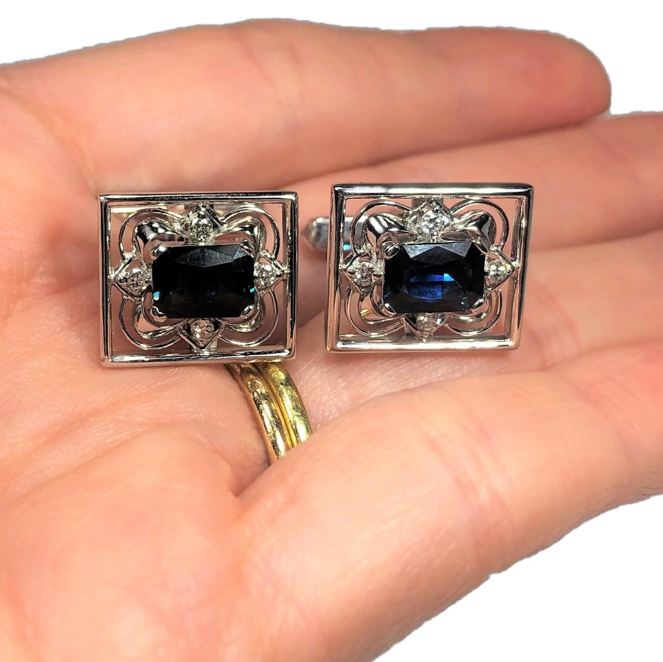 Platinum and White Gold Diamond Cufflinks with Emerald Cut Sapphire Centers In Good Condition In Palm Beach, FL