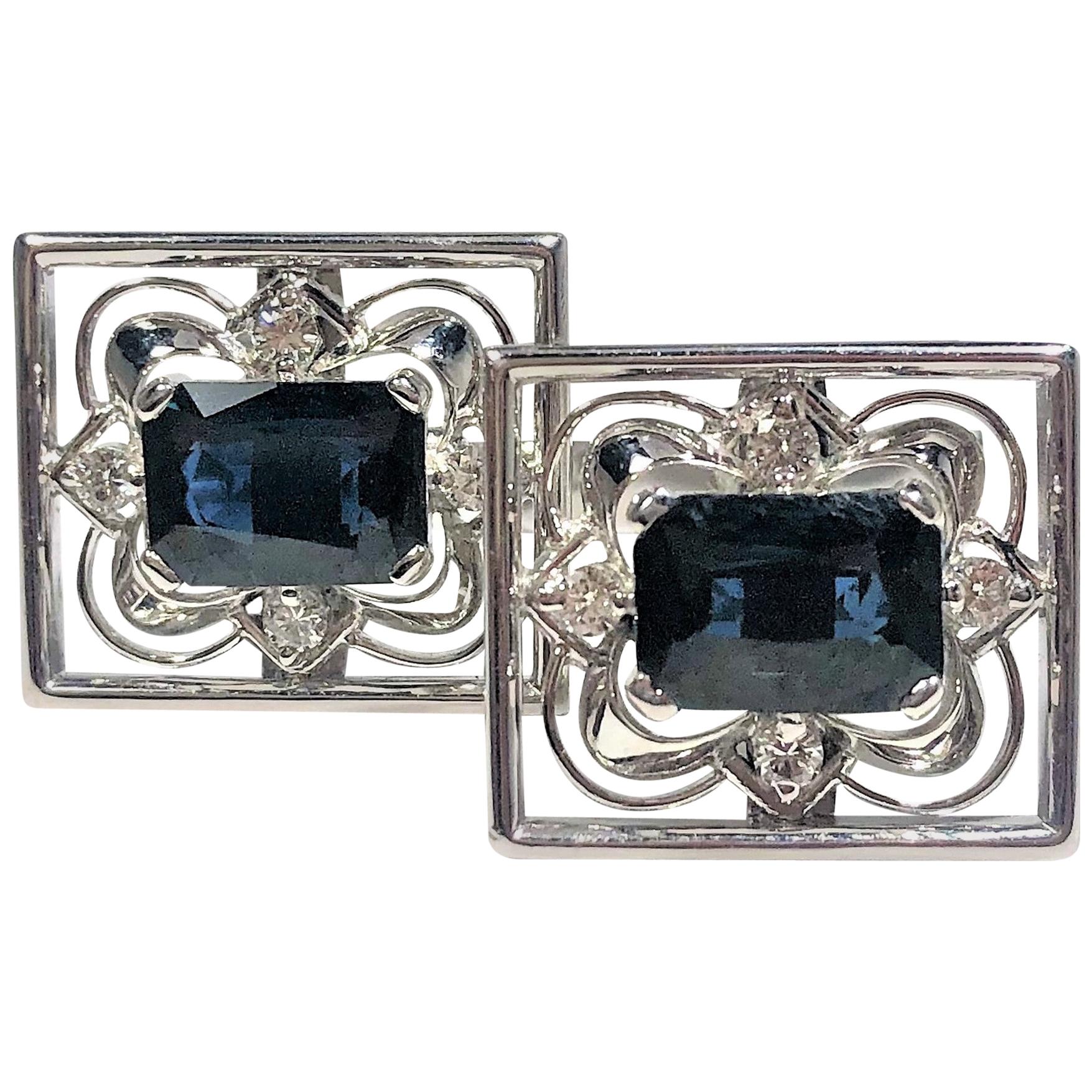 Platinum and White Gold Diamond Cufflinks with Emerald Cut Sapphire Centers