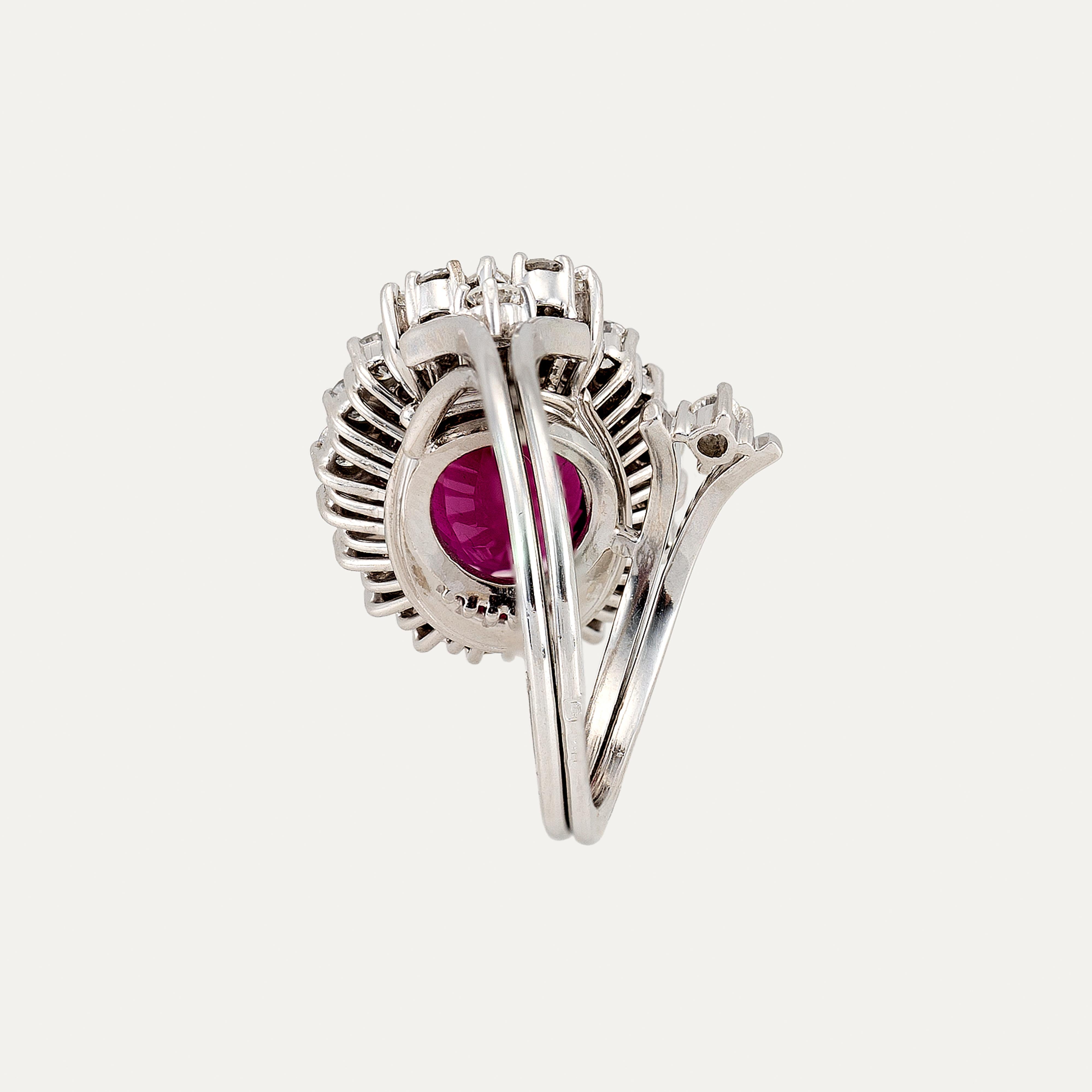 Brilliant Cut Platinum and White Gold Ring with Pink Tourmaline and Diamonds For Sale
