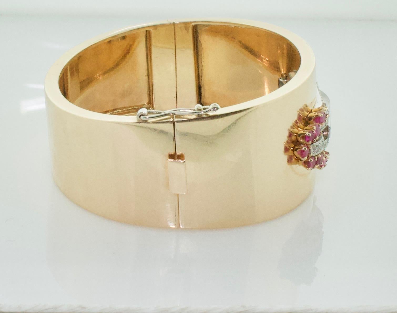 Round Cut Platinum and Yellow Gold Bangle Bracelet with Art Deco Diamond and Ruby Watch  For Sale