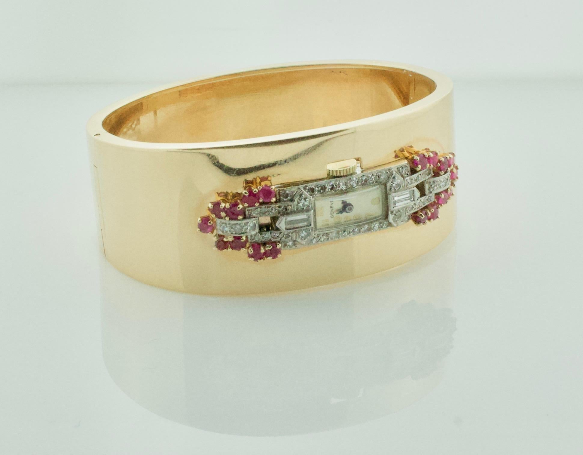 Platinum and Yellow Gold Bangle Bracelet with Art Deco Diamond and Ruby Watch  For Sale 1