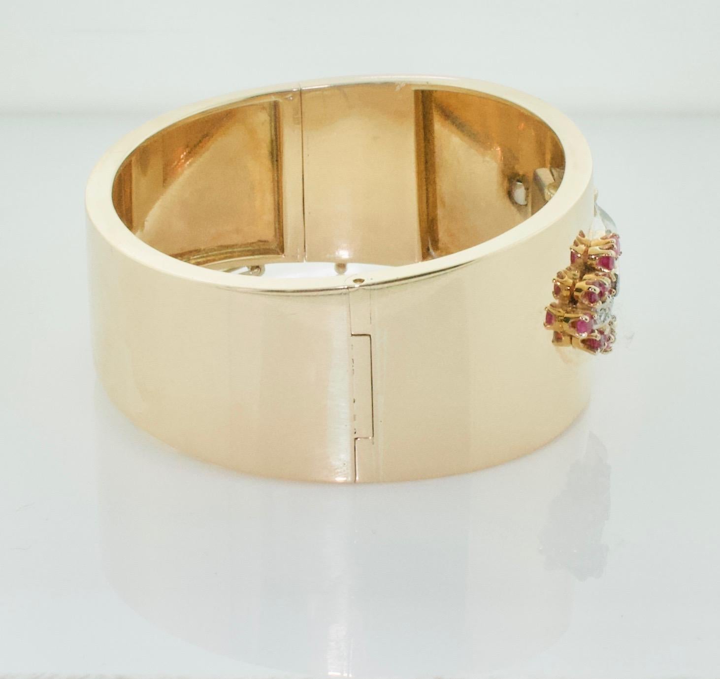 Platinum and Yellow Gold Bangle Bracelet with Art Deco Diamond and Ruby Watch  For Sale 2