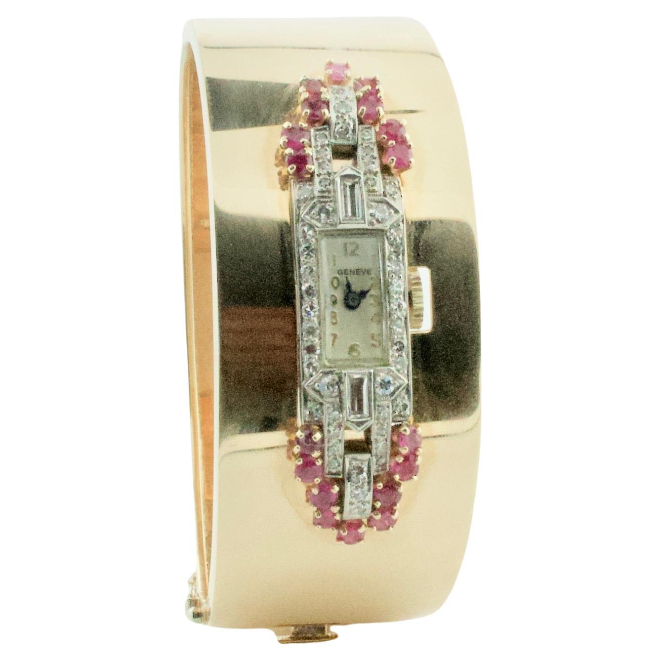 Platinum and Yellow Gold Bangle Bracelet with Art Deco Diamond and Ruby Watch  For Sale