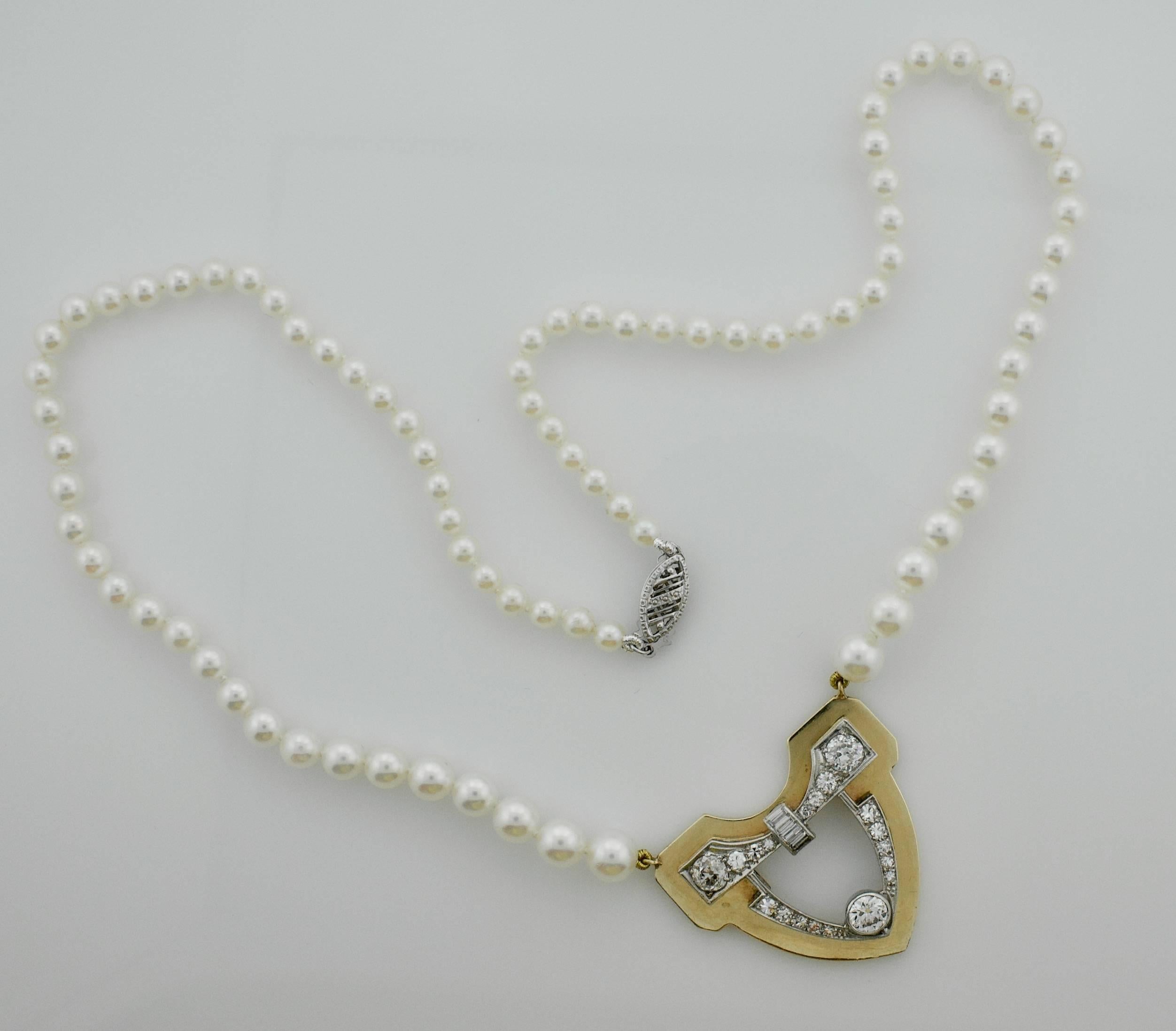 Art Deco Platinum and Yellow Gold Diamond and Pearl Necklace, circa 1930s-1950s