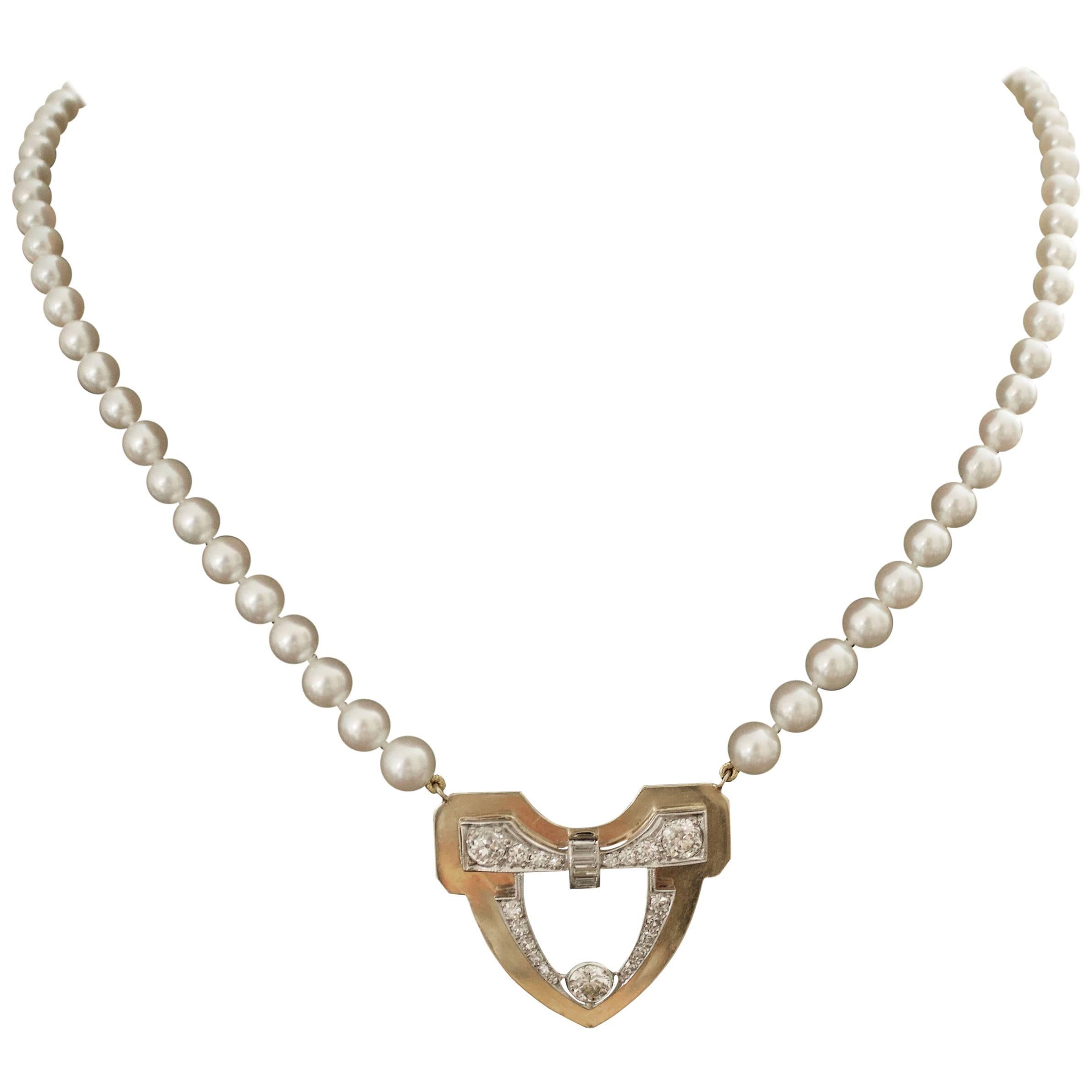 Platinum and Yellow Gold Diamond and Pearl Necklace, circa 1930s-1950s